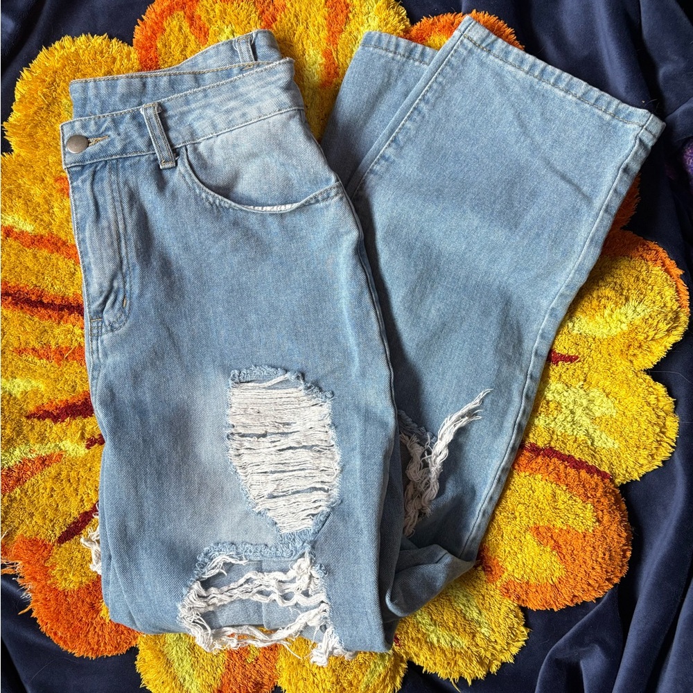 SHEIN Light Blue Distressed Boyfriend Jeans